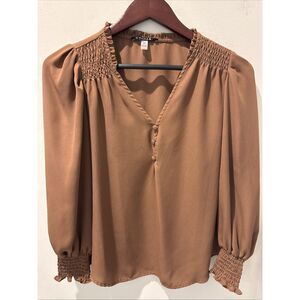 T Tahari Brown Long Sleeve Smocked Details Size Small